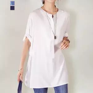 [퀸이즈][퀸이즈] 로렌 사이드 셔링 헨리넥 반팔 블라우스