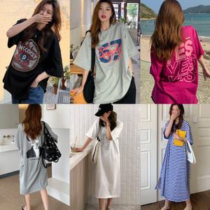 여성 반팔 티셔츠 루즈핏 라운드넥 여름 반팔티 롱티셔츠 롱원피스