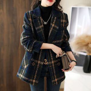 스타일아유 빈티지 클래식 루즈핏 도톰 체크 패턴 자켓 여성 가을 겨울 오버핏 체크 모직 코트HC0009