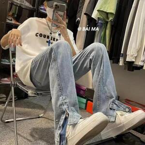 남성용 스트레이트 레그 긴 청바지측면 슬릿루즈핏 캐주얼 트렌디 빈티지 아버지 가을