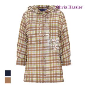 [올리비아하슬러] 체크 패턴 레터링 후드 셔츠_OHCMBL106