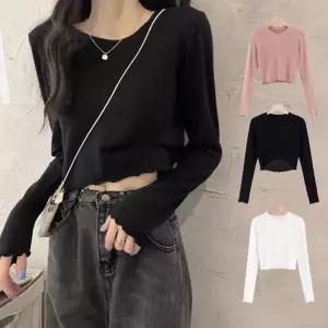 여자 무지컬러 라운드넥 물결 셔링 크롭 긴팔티