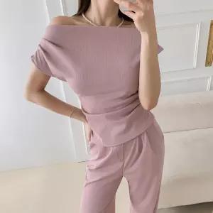 여자 셔링 오프숄더 보트넥 슬림핏 핀턱 통팬츠 세트