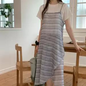 여자 시스루 체크 끈나시 언발 랩 레이어드 롱원피스