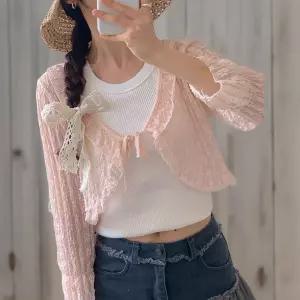 여성 파스텔 시스루 프릴 리본 꽃 무늬 볼레로 카디건