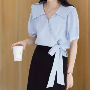 여성용 여름 하객 스타일 대형 카라 랩 리본 블라우스 빅사이즈