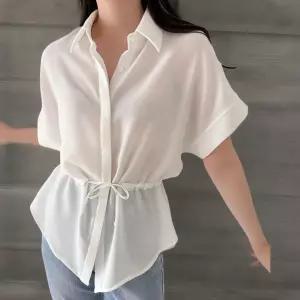 여성 시스루 카라 오버사이즈 반팔 셔츠