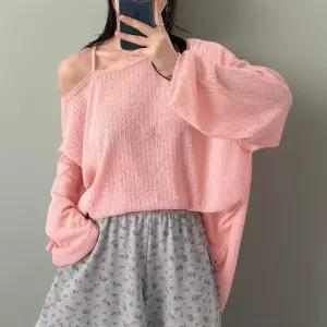 여성 빅사이즈 원오프숄더 시스루 긴팔 티셔츠