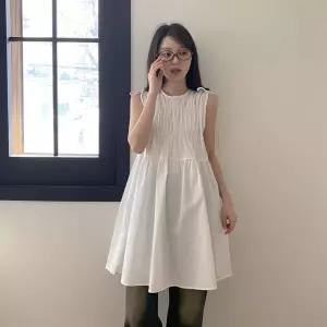 여성 리본 장식 캉캉 셔링 민소매 미니 드레스