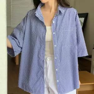 여성 클래식 잔잔체크 루즈핏 5부 셔츠 남방