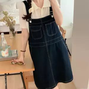 여자 러블리 스티치 언발 포켓 멜빵 데님 미니원피스