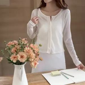 여성 무지 세미 시스루 골지 노카라 긴팔 니트 카디건