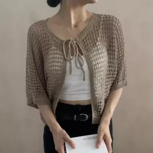 여성 여름 오픈 가디건 리본 반팔 니트 바캉스 패션