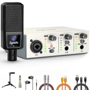 Synido USB-C 오디오 인터페이스 번들, XLR 다이내믹 마이크 포함 올인원 인터페이스, 48V 팬텀 전원, 스탠드, 모니터 이어폰, 어댑터 케이블, PC 녹음 팟캐스트에 적합, 실버