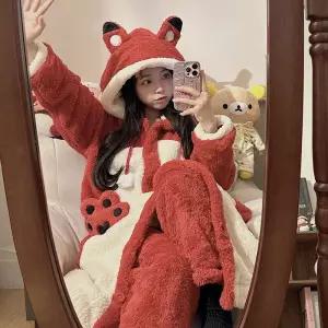 여우 수면 세트 동물잠옷 잠옷 따뜻한 캐릭터 귀여운 극세사 담요 파자마