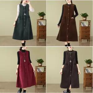 여성 추천 겨울 롱 원피스 추동 솔리드 캐주얼 코듀로이 조끼 스커트 빈티지 포켓 힛템