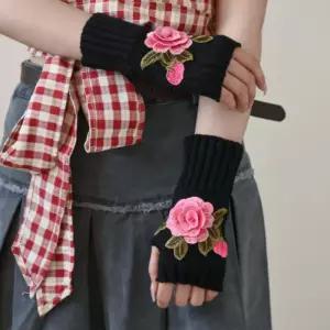 플라워 입체 자수 워머 장갑 핑크 반장갑 겨울 보온 핸드 커버