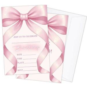 여자 봉투가 포함된 HQLOW 20팩 핑크 보우 생일 파티 초대장 축하 12장