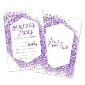 HIWGSP 퍼플 및 글리터 생일 초대장 25 파티 봉투 카드 양면 충전식 용품 4 x 6 인치 A23