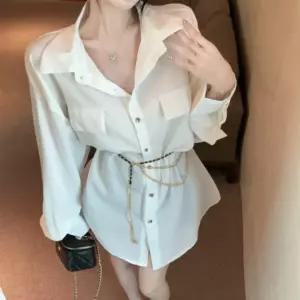 여성 체인스트랩 포켓 루즈핏 카라넥 미니 원피스