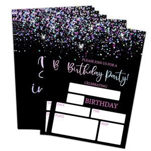 에시우젤파 4인치 x 6인치 블랙 글리터 생일 초대장 양면 및 봉투 20개 소년 를 위한 모던 파티 A05