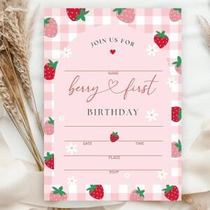 Wh ne 25팩 핑크 격자무늬 딸기 파티 초대장 베리 돌잔치 종이 카드 봉투 스티커 용품