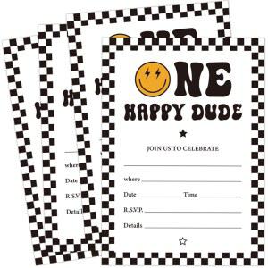 Wh ne 25Pc 봉투가 포함된 해피 친구 파티 초대장 첫 생일 체크무늬 스마일 종이 카드 축하 장식 5 x 7