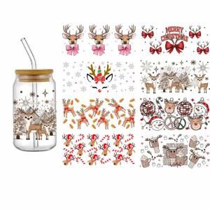 3D 크리스마스 밀루 사슴 테마 UV DTF 만화 귀여운 방수 머그컵 스티커 16온스 리비 DIY 내구성 유리 전사 데칼