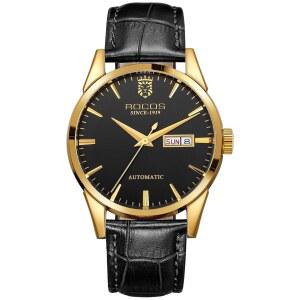 로코스제위 남성 자동 시계 기계식 골격 캘린더 데이 디스플레이 블랙 가죽 럭셔리 스트랩 손목시계 드레스 선물 R0101, 및 골드 색상 스킴