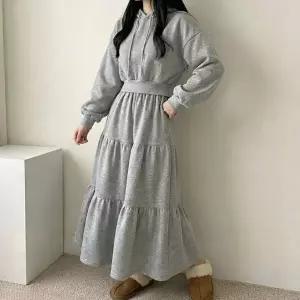 여자 모찌 기모 후드 캉캉 롱 스커트 세트 겨울 트레이닝복 셋업 루즈핏 등원룩 마실룩