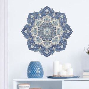 로요람 젠 블루 플로럴 만다라 벽 데칼 명상 거실 및 요가 공간 데코 필 앤 스틱 월 아트를 위한 탈착식 보호 비닐 스티커