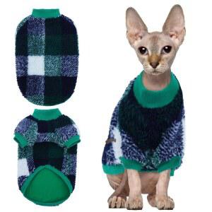 [포르르] 얀탈 스핑크스 고양이 스웨터, 소매가 달린 부드러운 플리스 풀오버, 털 없는 고양이와 작은 고양이를 위한 따뜻하고 탄력 있는 반려동물 옷, 아늑한 겨울 의상 그린