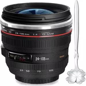 덱시토 카메라렌즈 커피 머그잔 네 개의 잎 클로버 스푼이 달린 스테인리스 스틸 렌즈 컵 사진작가 참신한