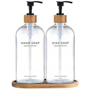 바인 크리에이션 클리어 유리 비누 디스펜서 세트, 대나무 트레이 포함 핸드 및 접시 주방 욕실용 16온스 병, 펌프 모던 보호 장식 (클리어)