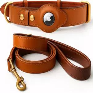 마이도그기 에어태그 개 목걸이 및 목줄 세트 정품 가죽 GPS 홀더 소형 중형 대형견을 위한 고급 선물 상자