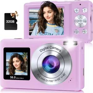 디지털 카메라 56MP 2.7K 듀얼 스크린 셀카 16배 줌 20개의 필터 및 흔들림 방지 휴대용 포인트 촬영 32GB