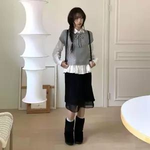 [하프클럽/]여성용 봄 가을 데일리 레이어드 리본 골지 반팔 니트 티셔츠