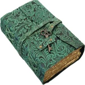 앤티크 키 빈티지 페이지가 있는 엠보싱 가죽 저널 핸드메이드 스케치북 메모장 여행 책 (녹색 8x6 인치)