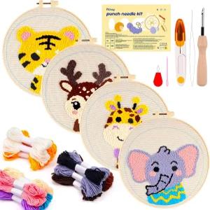 플리에이 4 세트 펀치 니들 키트 동물 무늬 초보자를 위한 자수 미리 인쇄된 천 후프 및 얀이 포함된 도구
