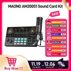 Maono AM200-S1 사운드 카드 마이크 세트 라이브 스트리밍 녹음 PC Phone용 콘덴서 포함된 MaonoCaster 오