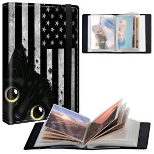 BPQOJB 작은 사진 앨범 4x6 인치 120 포켓 Pu 가죽 커버 앨범, 엘라스틱 밴드 디자인의 귀여운 가족 결혼 기념 여행 - 아메리칸 플래그 블랙
