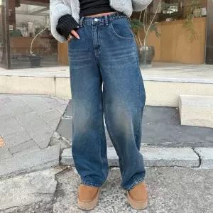 여자 겨울 기모데님 로우라이즈 절개 와이드 청바지