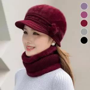 중년여성모자 중장년 래빗퍼 니트모자 넥워머세트 겨울모자