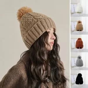 부드러운 털 방울 꽈배기 패턴 기모 안감 도톰 비니 남자 여자 겨울