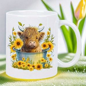 해바라기 양동이 속의 사랑 하 소 세라믹 머그컵 화려한 농장 동물과 꽃무늬 디자인의 흰색 커피잔 손세탁