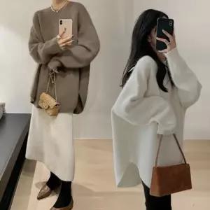 여자 루즈핏 롱니트 가을 겨울 라운드 울 니트 스웨터 핑크 빨간색 블랙