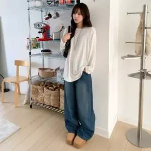 [다잇템] 여성 진 피치 보온 와이드핏 고무줄 바지