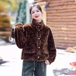 여성용 가죽 자켓 레오파드 퍼 일체형 코트 숏 겨울 하이넥 밍크털 에코 KS4