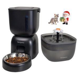 자동 고양이 급식기 및 물 디스펜서 FW1, 와이어 또는 배터리 사료 타이머 애완동물 피더 - 잠금 뚜껑, 건조제 백, 프로그래밍 가능한 양 제어, 일일 식사 4개, 음성 녹음기 10초