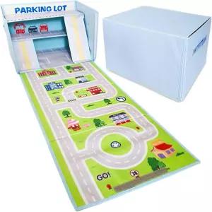 놀이 매트가 있는 샘 앤 메이블 장난감 자동차 차고 상자 - 경주용 보관 바구니 쌓을 수 있고 접을